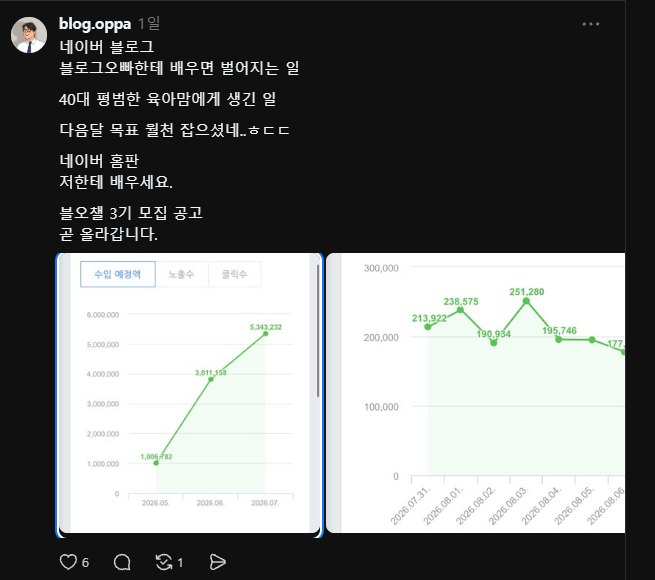 40대 육아맘 크루의 애드포스트 성장 그래프를 소개한 블로그오빠의 스레드 게시물