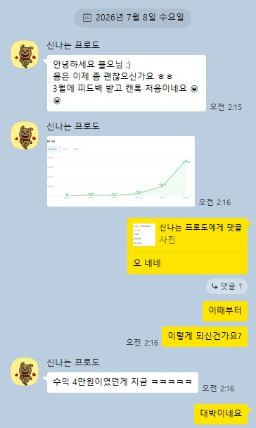 수익 4만원이던 블로그가 1:1 피드백 후 급상승한 그래프를 공유한 카카오톡 후기