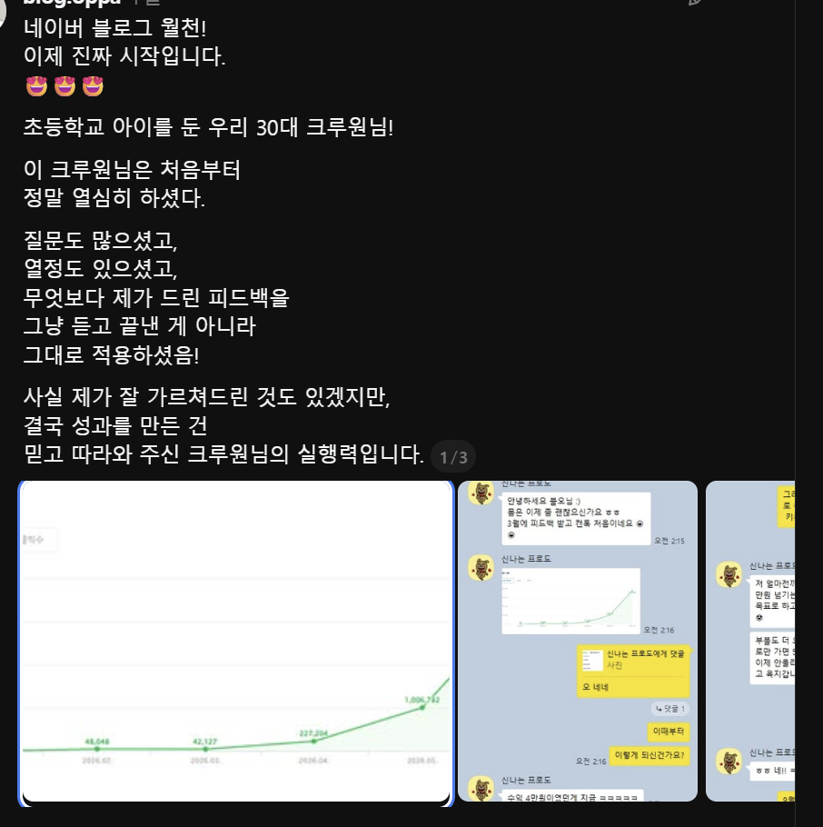 네이버 블로그 월 수익 100만원을 달성한 크루원의 성장 그래프와 소개 글